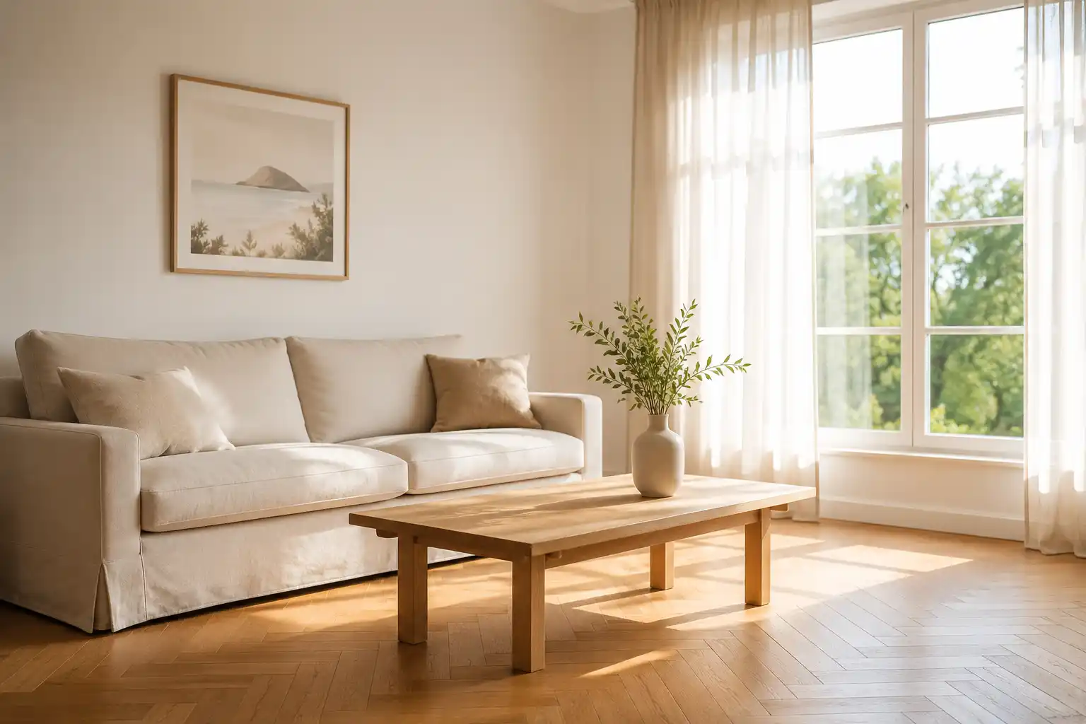 décoration Airbnb minimaliste - salon lumineux épuré