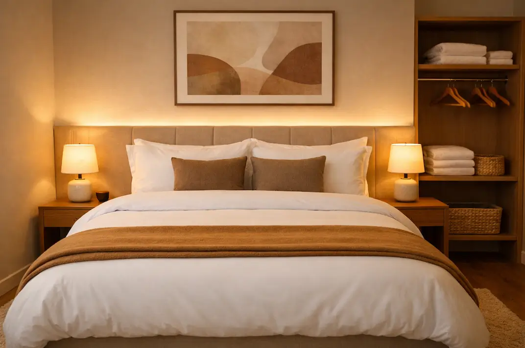 studio Airbnb rentable - lit type hôtel éclairage chaleureux et rangement simple